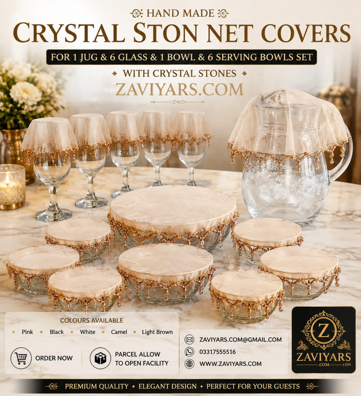Hand Made Crystal Stones Net Covers For (1 Jug & 6 Glass )& (1 Bawl & 6 Serving Bawl) Set