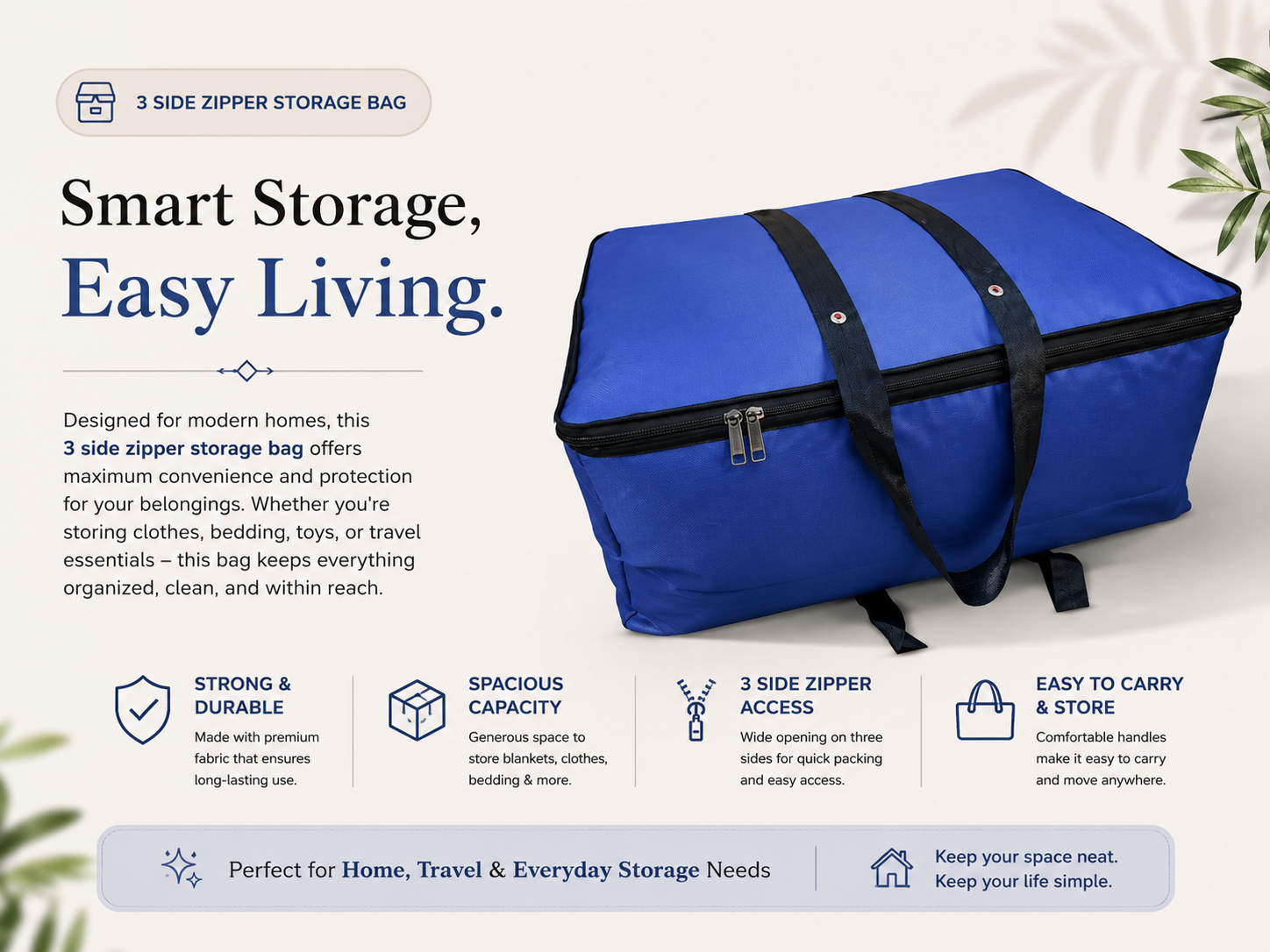 3 Side ZIP Storage Bags with 2 Sizes , Large Sie 24 × 20  , Extra Large 27 × 24